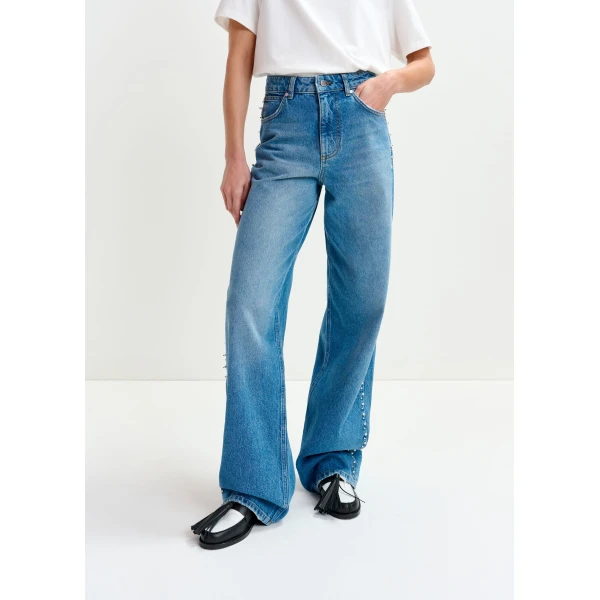 Essentiel Antwerp Blue straight leg jeans with pearl and stud embellishments, view 3