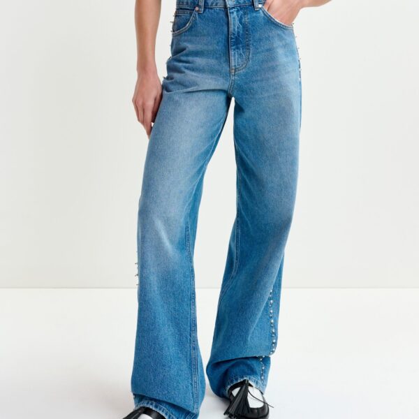Essentiel Antwerp Blue straight leg jeans with pearl and stud embellishments - Essentiel Antwerp Pants - Colorful Belgian Design - Shop at Coveti