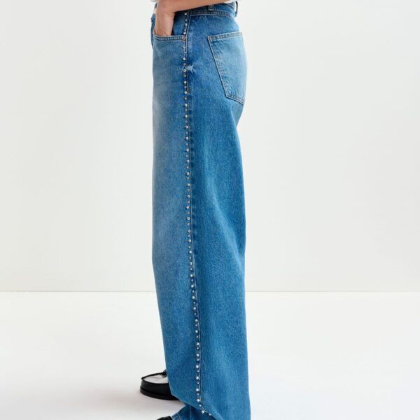 Essentiel Antwerp Blue straight leg jeans with pearl and stud embellishments - Essentiel Antwerp Pants - Colorful Belgian Design - Shop at Coveti