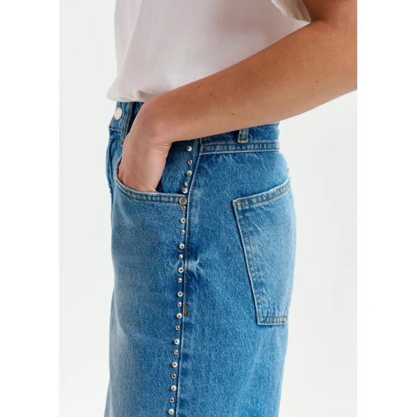 Essentiel Antwerp Blue straight leg jeans with pearl and stud embellishments, view 5