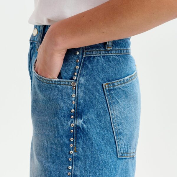 Essentiel Antwerp Blue straight leg jeans with pearl and stud embellishments - Essentiel Antwerp Pants - Colorful Belgian Design - Shop at Coveti