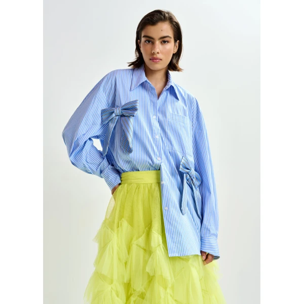 Essentiel Antwerp Blue, white and black striped oversized cotton shirt with tie bows, view 2