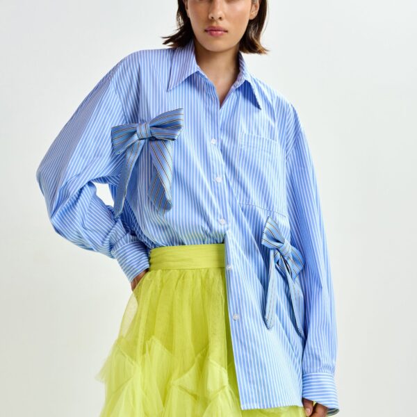 white and black striped oversized cotton shirt with tie bows - Essentiel Antwerp Shirts - Colorful Belgian Design - Shop at Coveti