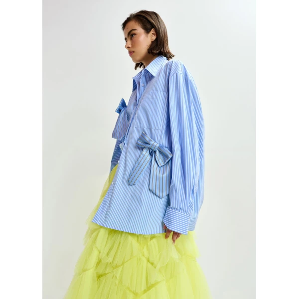 Essentiel Antwerp Blue, white and black striped oversized cotton shirt with tie bows, view 3