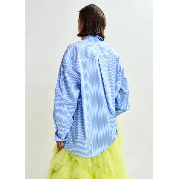 Essentiel Antwerp Blue, white and black striped oversized cotton shirt with tie bows, view 5
