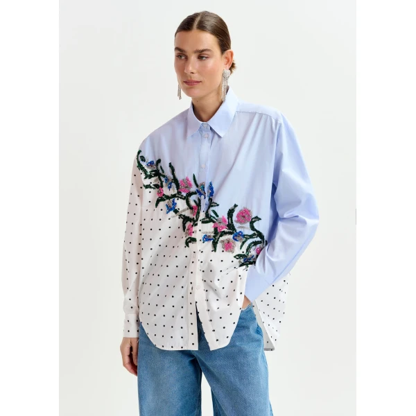 Essentiel Antwerp Blue, white and multicolor cotton shirt with sequin flowers and polka dot contrast, view 2