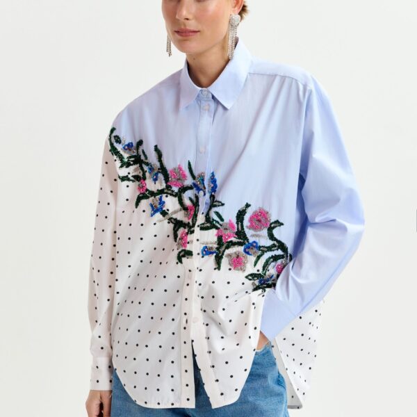 white and multicolor cotton shirt with sequin flowers and polka dot contrast - Essentiel Antwerp Shirts - Colorful Belgian Design - Shop at Coveti