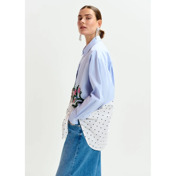 Essentiel Antwerp Blue, white and multicolor cotton shirt with sequin flowers and polka dot contrast, view 3