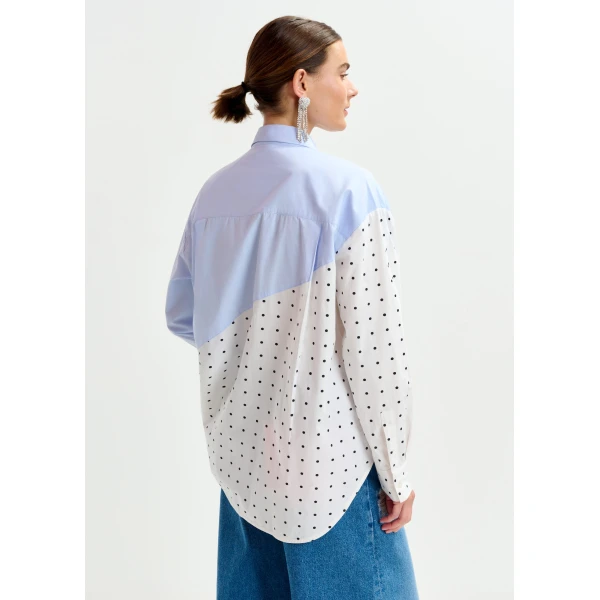 Essentiel Antwerp Blue, white and multicolor cotton shirt with sequin flowers and polka dot contrast, view 4