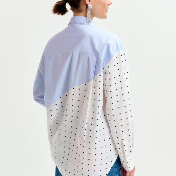 white and multicolor cotton shirt with sequin flowers and polka dot contrast - Essentiel Antwerp Shirts - Colorful Belgian Design - Shop at Coveti