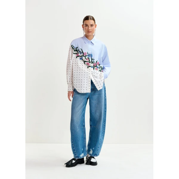 Essentiel Antwerp Blue, white and multicolor cotton shirt with sequin flowers and polka dot contrast, view 5