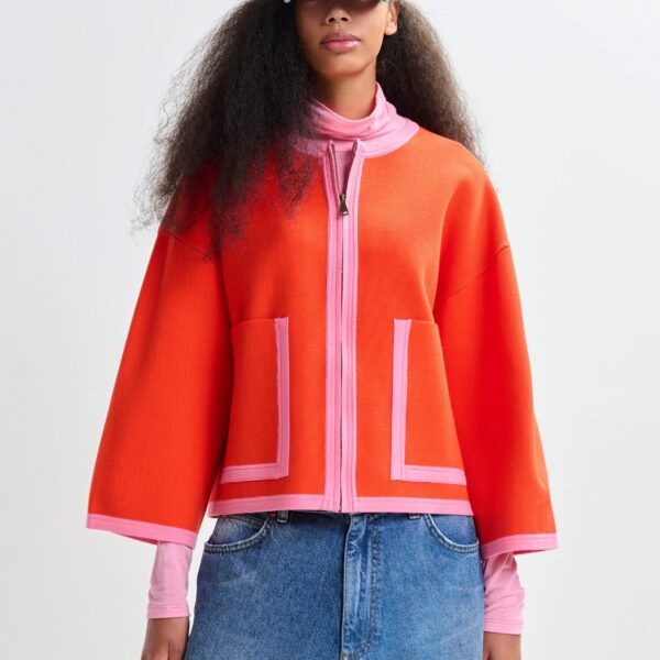Essentiel Antwerp Bright orange and pink cardigan with contrasting trims and zip fastening - Essentiel Antwerp Knitwear - Colorful Belgian Design - Shop at Coveti