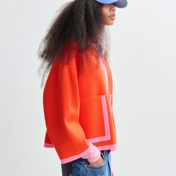 Essentiel Antwerp Bright orange and pink cardigan with contrasting trims and zip fastening - Essentiel Antwerp Knitwear - Colorful Belgian Design - Shop at Coveti