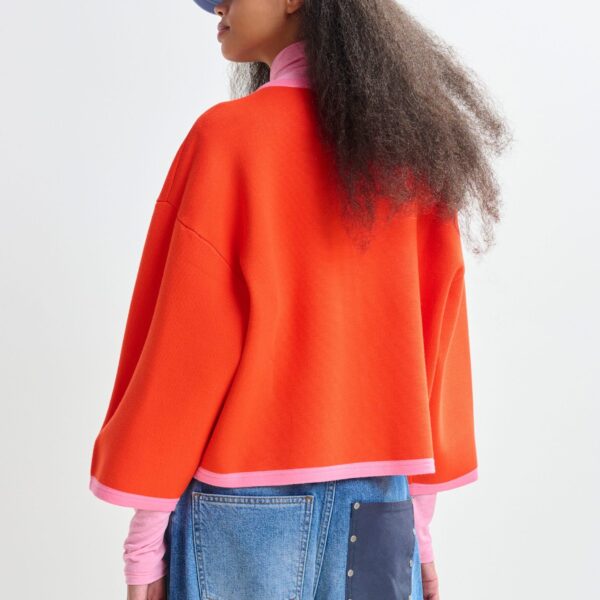 Essentiel Antwerp Bright orange and pink cardigan with contrasting trims and zip fastening - Essentiel Antwerp Knitwear - Colorful Belgian Design - Shop at Coveti