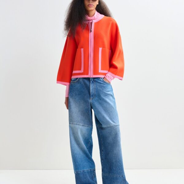 Essentiel Antwerp Bright orange and pink cardigan with contrasting trims and zip fastening - Essentiel Antwerp Knitwear - Colorful Belgian Design - Shop at Coveti