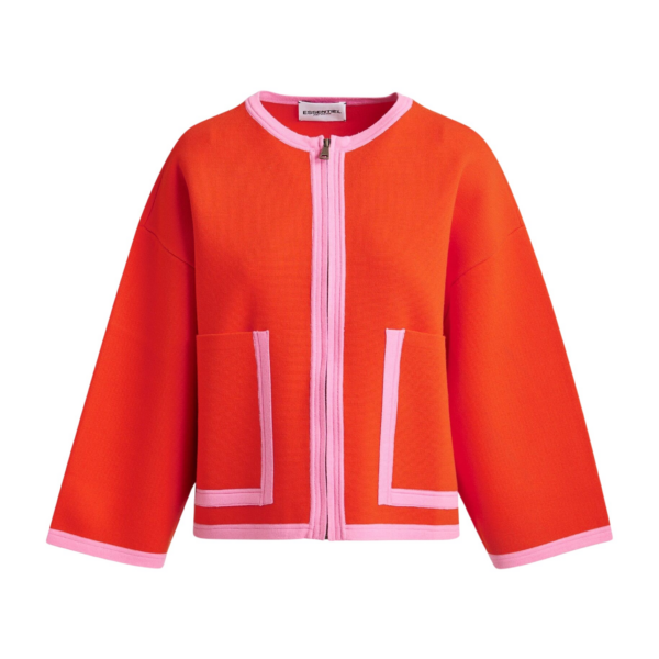 Essentiel Antwerp Bright orange and pink cardigan with contrasting trims and zip fastening - Essentiel Antwerp Knitwear - Colorful Belgian Design - Shop at Coveti