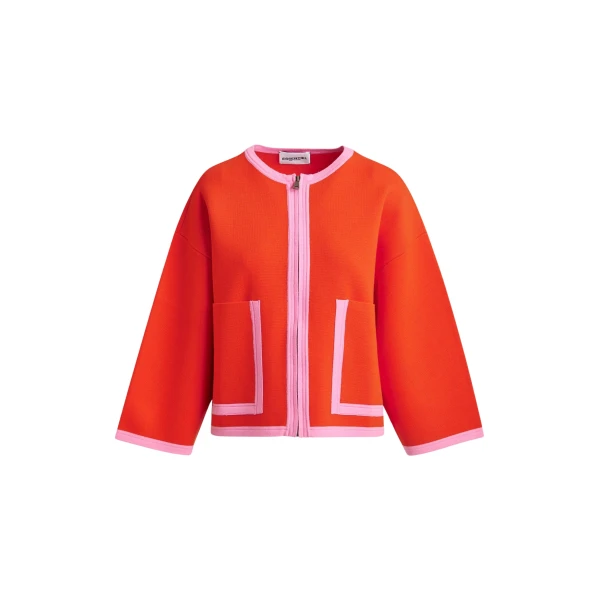 Essentiel Antwerp Bright orange and pink cardigan with contrasting trims and zip fastening - Essentiel Antwerp Knitwear - Colorful Belgian Design - Shop at Coveti