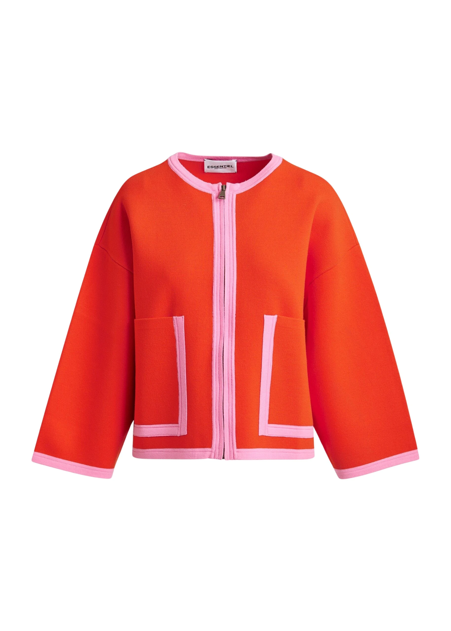 Bright-orange-and-pink-cardigan-with-contrasting-trims-and-zip-fastening-Essentiel-Antwerp-Knitwear-scaled63951_nobg Essentiel Antwerp Bright orange and pink cardigan with contrasting trims and zip fastening - Essentiel Antwerp Knitwear - Colorful Belgian Design - Shop at Coveti