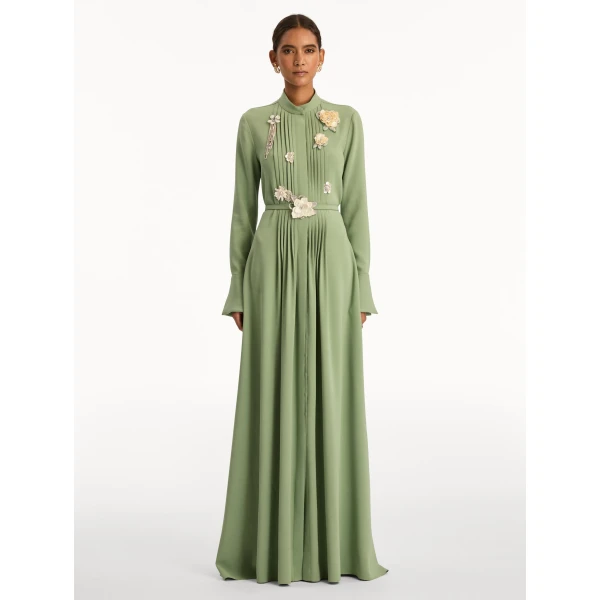 Oscar de la Renta Brooch Embroidered Long Sleeve Caftan - Oscar de la Renta Dresses - American Couture - Shop at Coveti