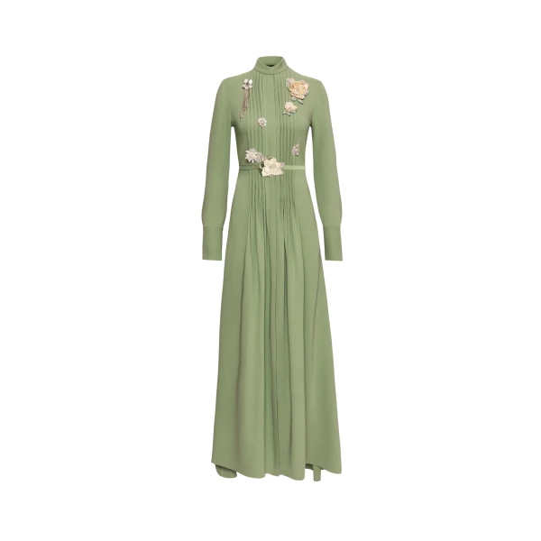 Oscar de la Renta Brooch Embroidered Long Sleeve Caftan - Oscar de la Renta Dresses - American Couture - Shop at Coveti