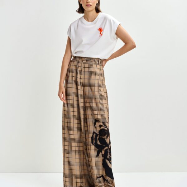 Essentiel Antwerp Brown and black checked wide-leg pants with placed print - Essentiel Antwerp Pants - Colorful Belgian Design - Shop at Coveti