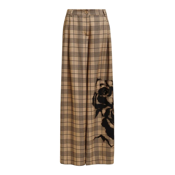 Essentiel Antwerp Brown and black checked wide-leg pants with placed print - Essentiel Antwerp Pants - Colorful Belgian Design - Shop at Coveti