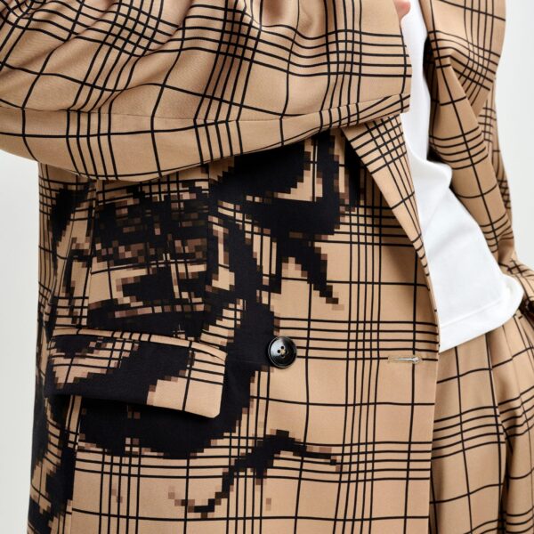 Essentiel Antwerp Brown and black double-breasted blazer with placed pixel print - Essentiel Antwerp Jackets - Colorful Belgian Design - Shop at Coveti