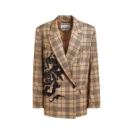 Essentiel Antwerp Brown and black double-breasted blazer with placed pixel print - Essentiel Antwerp Jackets - Colorful Belgian Design - Shop at Coveti
