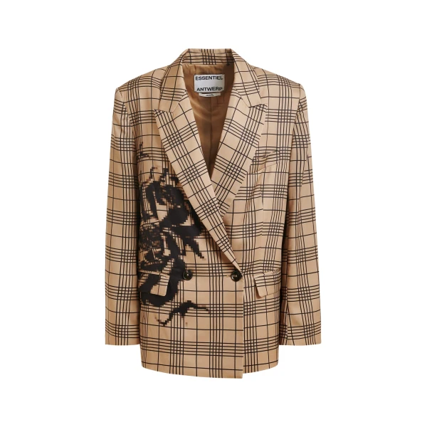 Essentiel Antwerp Brown and black double-breasted blazer with placed pixel print - Essentiel Antwerp Jackets - Colorful Belgian Design - Shop at Coveti