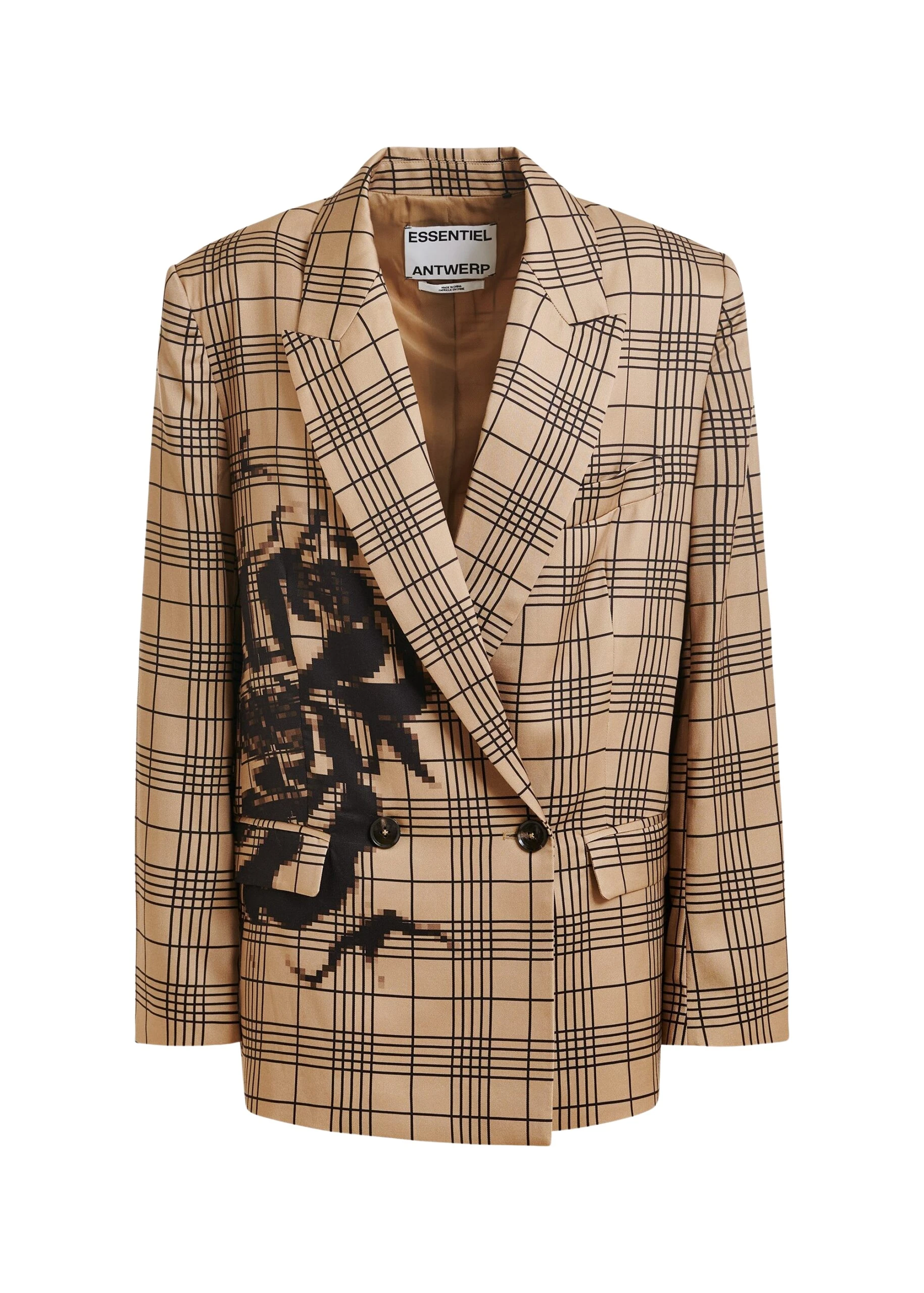 Brown-and-black-double-breasted-blazer-with-placed-pixel-print-Essentiel-Antwerp-Jackets-scaled27070_nobg Essentiel Antwerp Brown and black double-breasted blazer with placed pixel print - Essentiel Antwerp Jackets - Colorful Belgian Design - Shop at Coveti