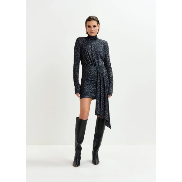 Essentiel Antwerp Brown and black draped leopard-print mini dress with ruched detailing, view 2