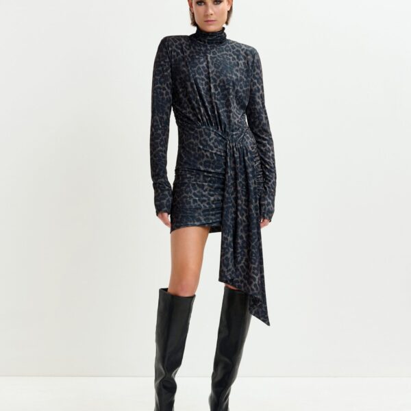 Essentiel Antwerp Brown and black draped leopard-print mini dress with ruched detailing - Essentiel Antwerp Dresses - Colorful Belgian Design - Shop at Coveti