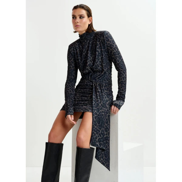 Essentiel Antwerp Brown and black draped leopard-print mini dress with ruched detailing, view 5