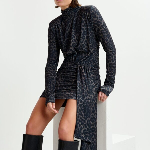 Essentiel Antwerp Brown and black draped leopard-print mini dress with ruched detailing - Essentiel Antwerp Dresses - Colorful Belgian Design - Shop at Coveti