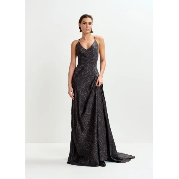 Essentiel Antwerp Brown and black leopard print maxi slip dress, view 2