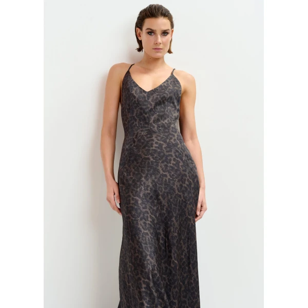 Essentiel Antwerp Brown and black leopard print maxi slip dress, view 3