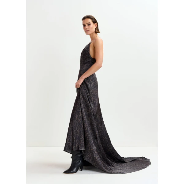 Essentiel Antwerp Brown and black leopard print maxi slip dress, view 4