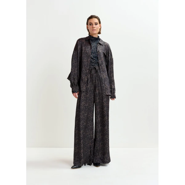 Essentiel Antwerp Brown and black leopard print wide-leg pants, view 2