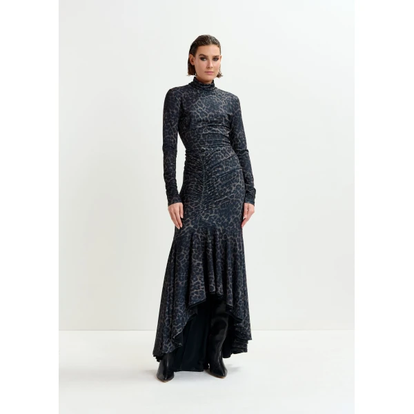 Essentiel Antwerp Brown and black ruched leopard print dress with asymmetric hemline, view 2