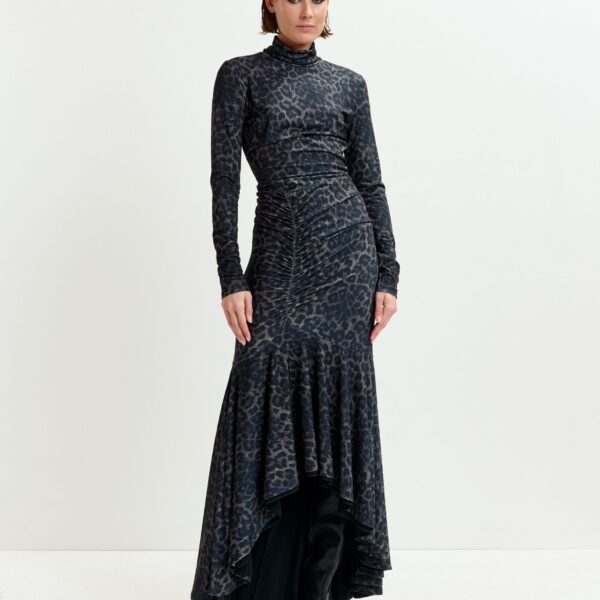 Essentiel Antwerp Brown and black ruched leopard print dress with asymmetric hemline - Essentiel Antwerp Dresses - Colorful Belgian Design - Shop at Coveti