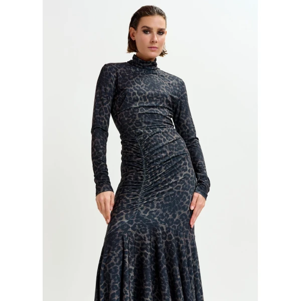 Essentiel Antwerp Brown and black ruched leopard print dress with asymmetric hemline, view 3