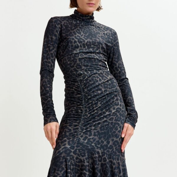Essentiel Antwerp Brown and black ruched leopard print dress with asymmetric hemline - Essentiel Antwerp Dresses - Colorful Belgian Design - Shop at Coveti