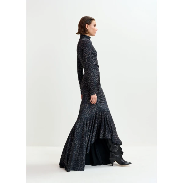 Essentiel Antwerp Brown and black ruched leopard print dress with asymmetric hemline, view 4
