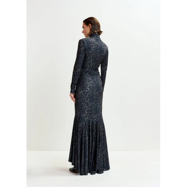 Essentiel Antwerp Brown and black ruched leopard print dress with asymmetric hemline, view 5