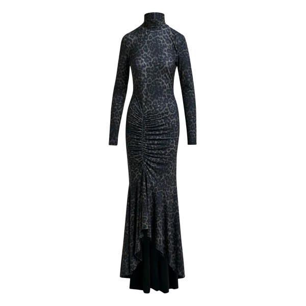 Essentiel Antwerp Brown and black ruched leopard print dress with asymmetric hemline - Essentiel Antwerp Dresses - Colorful Belgian Design - Shop at Coveti