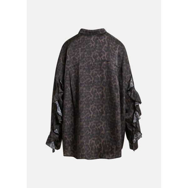 Essentiel Antwerp Brown and black ruffle-trimmed oversized leopardprint shirt, view 2
