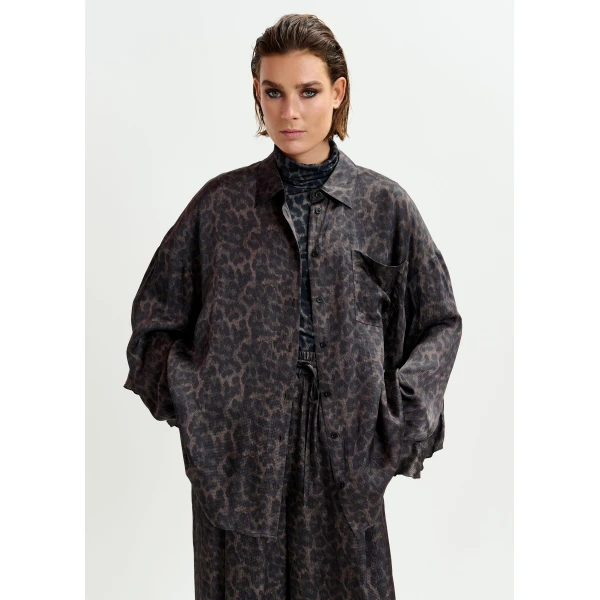 Essentiel Antwerp Brown and black ruffle-trimmed oversized leopardprint shirt, view 3