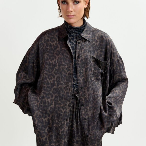 Essentiel Antwerp Brown and black ruffle-trimmed oversized leopardprint shirt - Essentiel Antwerp Shirts - Colorful Belgian Design - Shop at Coveti