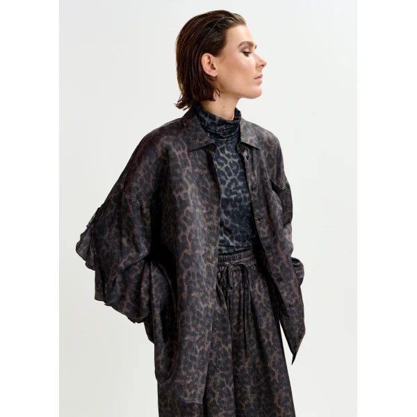 Essentiel Antwerp Brown and black ruffle-trimmed oversized leopardprint shirt, view 4