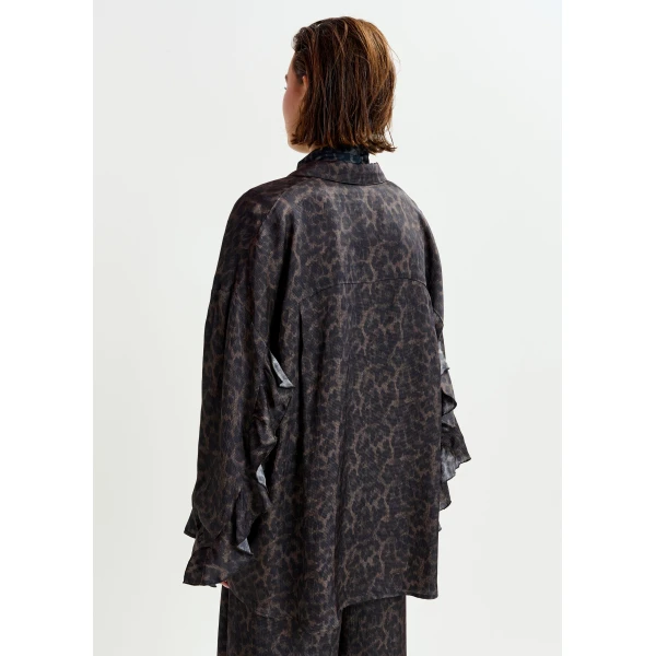 Essentiel Antwerp Brown and black ruffle-trimmed oversized leopardprint shirt, view 5